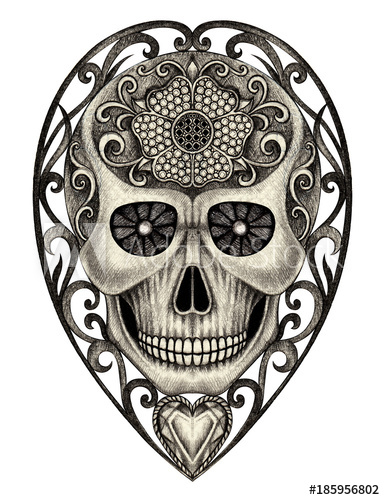 385x500 Art Vintage Heart Mix Skull Hand Pencil Drawing On Paper - Vintage Heart Drawing