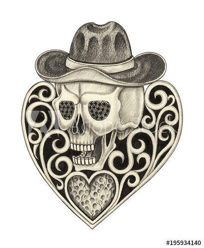 410x500 Art Vintage Heart Mix Cowboy Skull Hand Pencil Drawing On Paper - Vintage Heart Drawing
