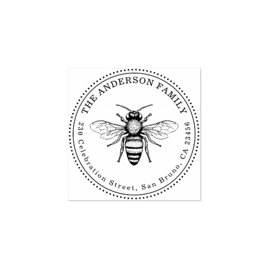 540x540 vintage honey bee family name round return address rubber stamp - Vintage Honey Bee Drawing