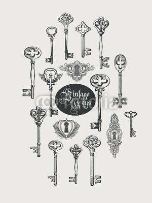 300x400 vector banner with vintage keys, keyholes and lettering in retro - Vintage Key Drawing