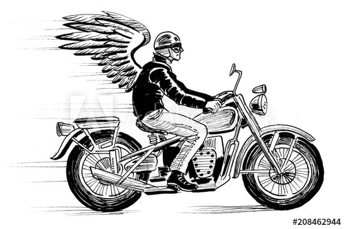 500x333 ink black and white drawing of a winged biker on vintage - Vintage Motorcycle Drawing