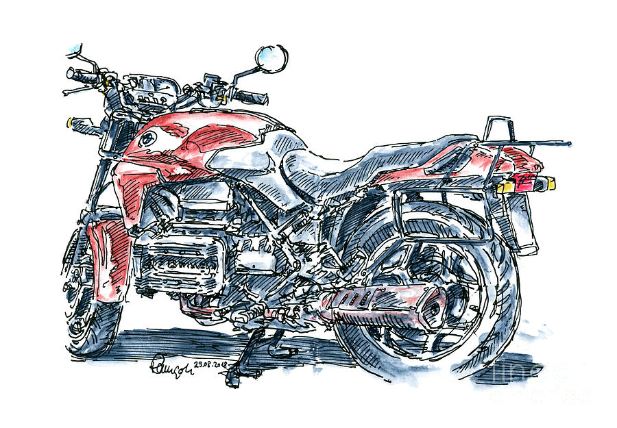 900x625 Bmw K Vintage Motorcycle Ink Drawing And Watercolor Drawing - Vintage Motorcycle Drawing