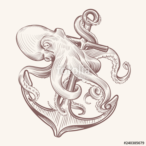 500x500 octopus with anchor sketch sea kraken squid holding ship anchor - Vintage Octopus Drawing