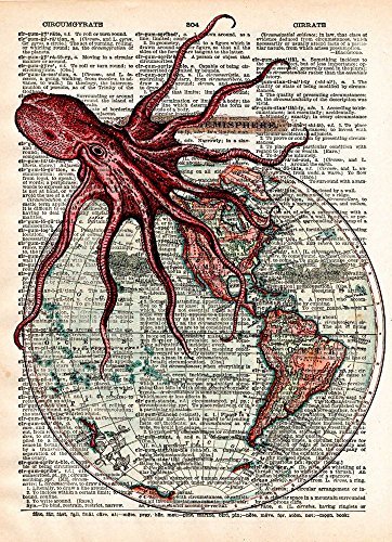 362x500 Vintage Octopus Drawing On Globe, World Map Art, Unique Steampunk Art - Vintage Octopus Drawing