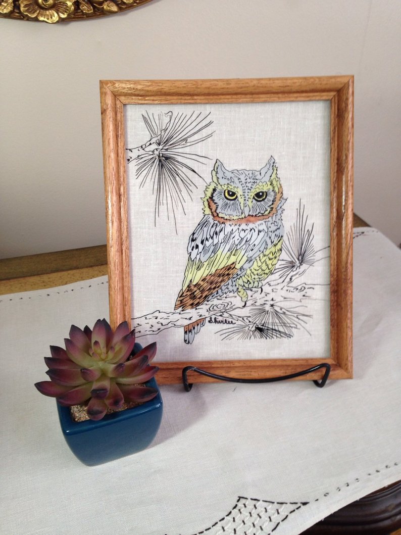 794x1059 Vintage Owl Drawing On Glass Framed Picture Reverse Etsy - Vintage Owl Drawing