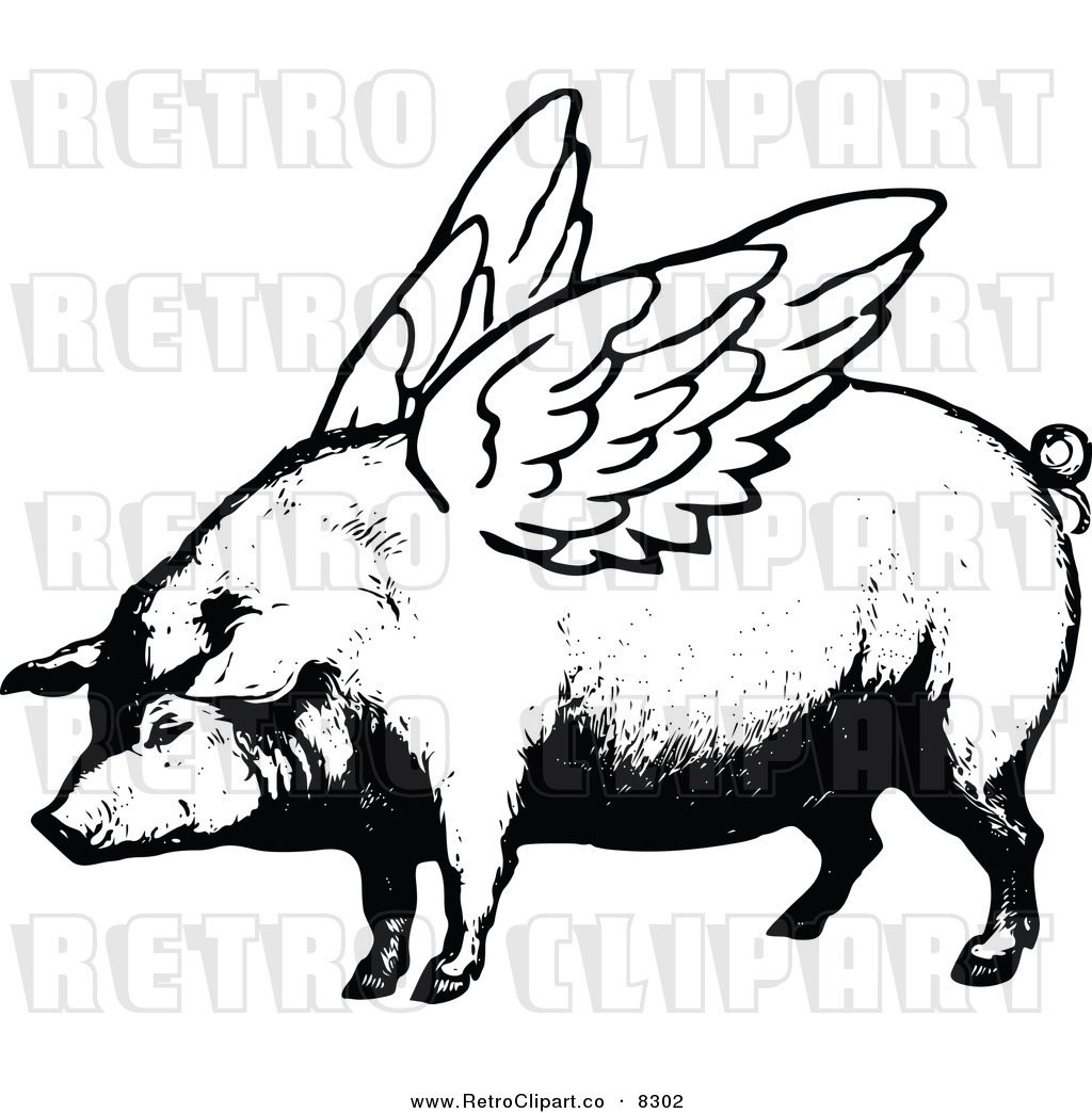 1024x1044 Vector Clipart Of A Retro Black And White Winged Pig - Vintage Pig Drawing