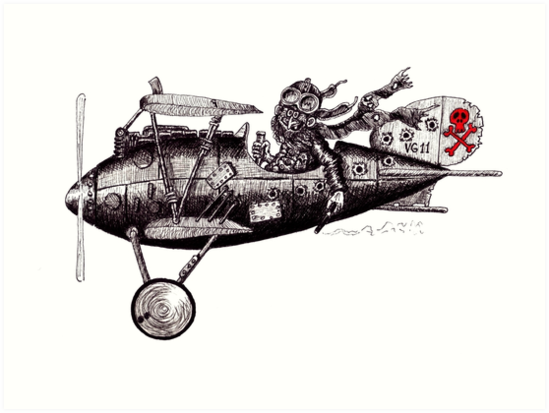 549x413 funny crazy pilot on vintage plane black and white pen ink - Vintage Plane Drawing