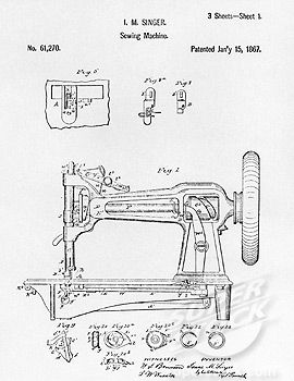 270x350 Vintage Sewing Machine Drawing Patent Drawing Of An Early - Vintage Sewing Machine Drawings