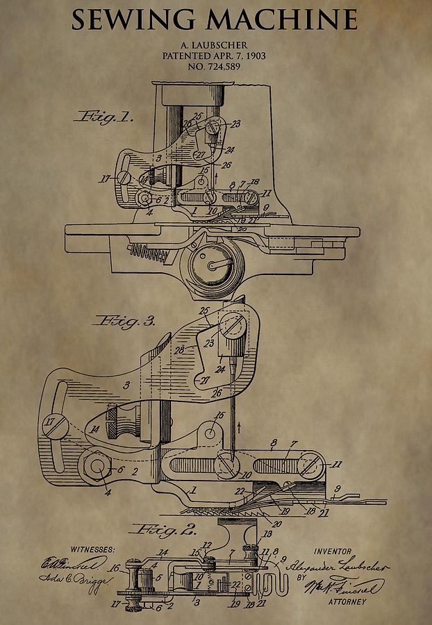 622x900 Vintage Sewing Machine Patent Drawing - Vintage Sewing Machine Drawings