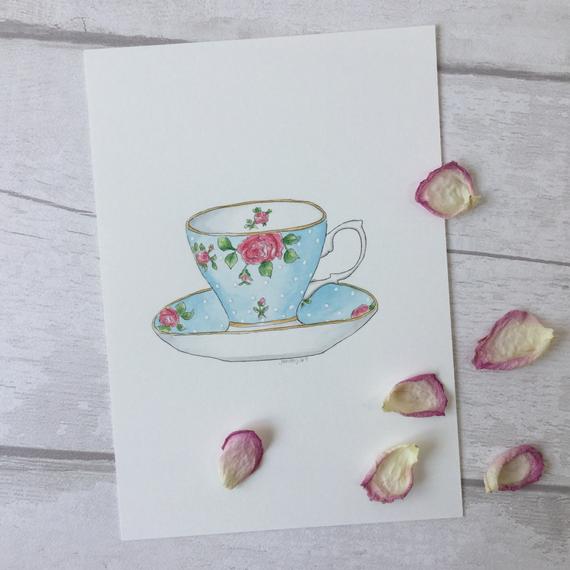 570x570 original not a print vintage tea cup illustration art etsy - Vintage Tea Cup Drawing