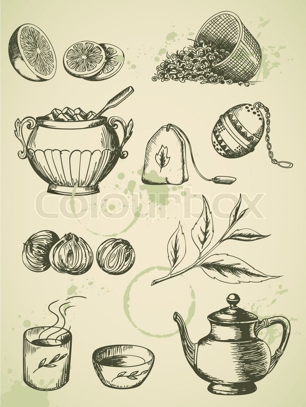 601x800 Set Of Vintage Vector Hand Drawn Tea Stock Vector Colourbox - Vintage Tea Cup Drawing