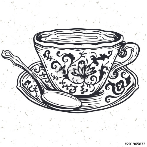 500x500 tea cup with spoon and floral ornament,vector illustration ornate - Vintage Tea Cup Drawing