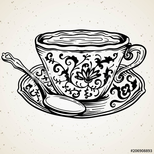 500x500 Tea Cup With Spoon And Floral Ornament,vector Illustration Ornate - Vintage Teacup Drawing
