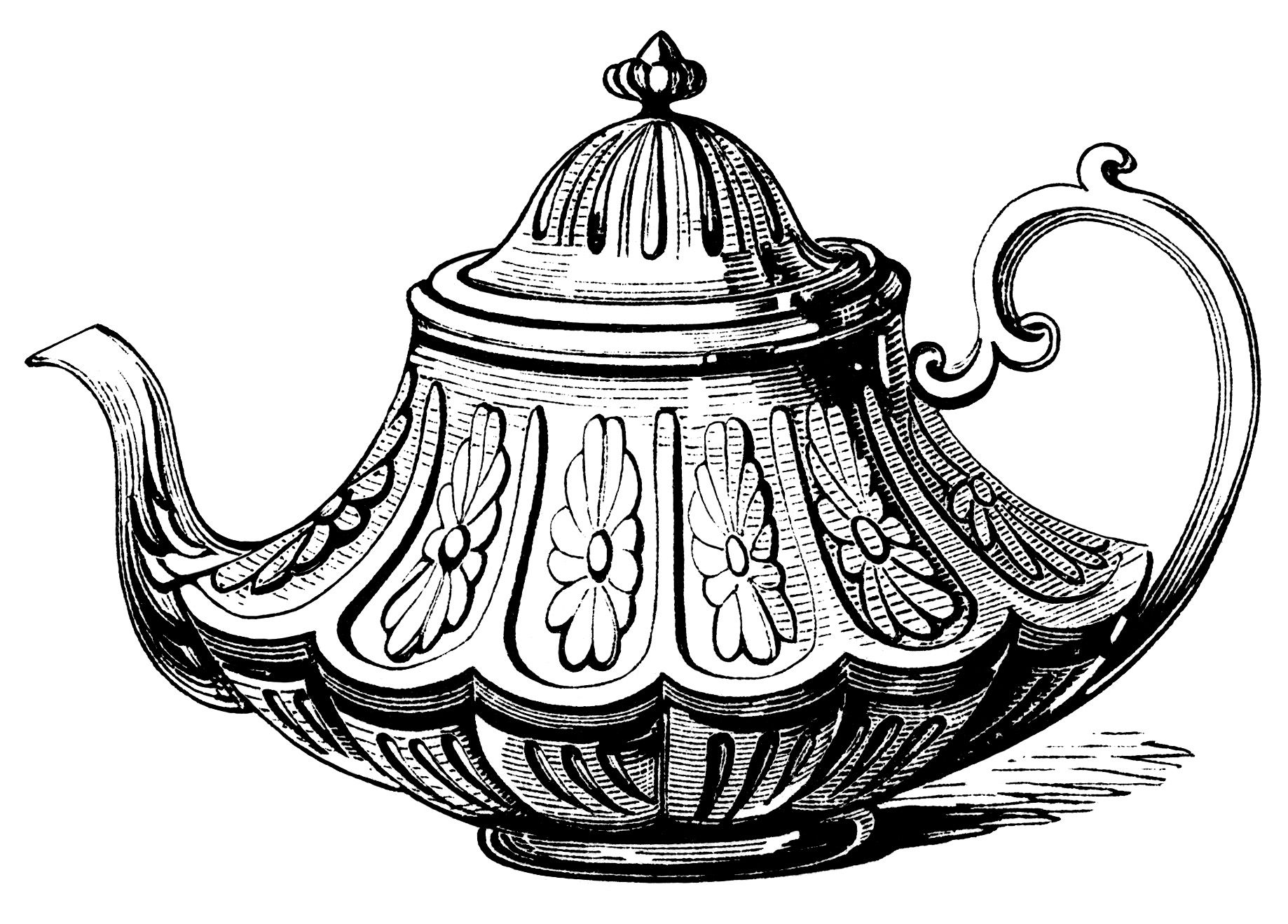 1838x1319 victorian tea pot, vintage teapot clip art, black and white - Vintage Teapot Drawing