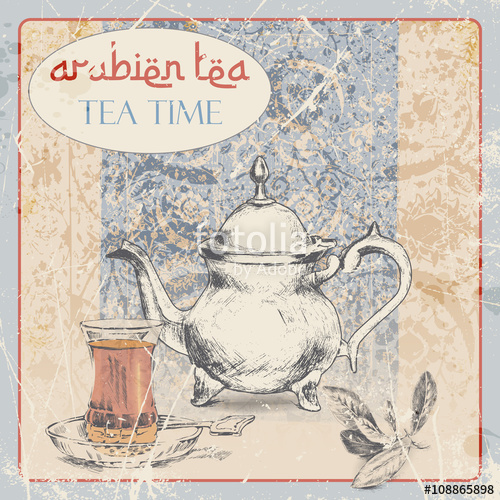 500x500 hand drawing vintage label of arabic tea old teapot, a cup tea - Vintage Teapot Drawing
