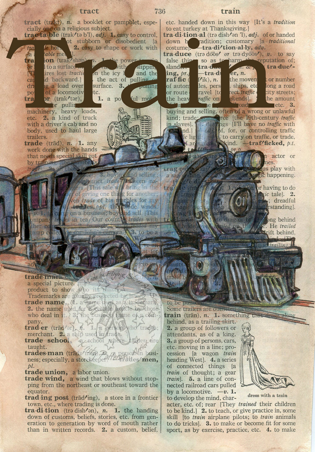 1046x1500 Print Vintage Train Mixed Media Drawing On Distressed, Idealpin - Vintage Train Drawing