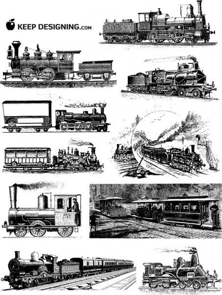 452x600 Vintage Train Drawing Sets Classical Black White Outline Free - Vintage Train Drawing