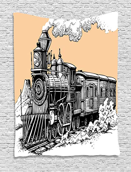 420x550 ambesonne steam engine tapestry wall hanging, vintage - Vintage Train Drawing