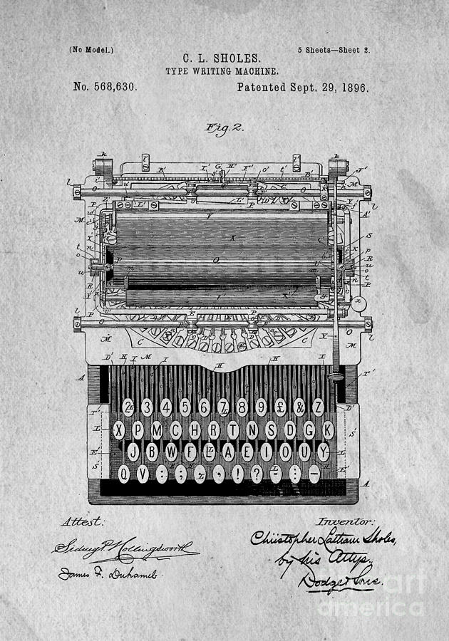630x900 vintage typewriter patent art digital art - Vintage Typewriter Drawing