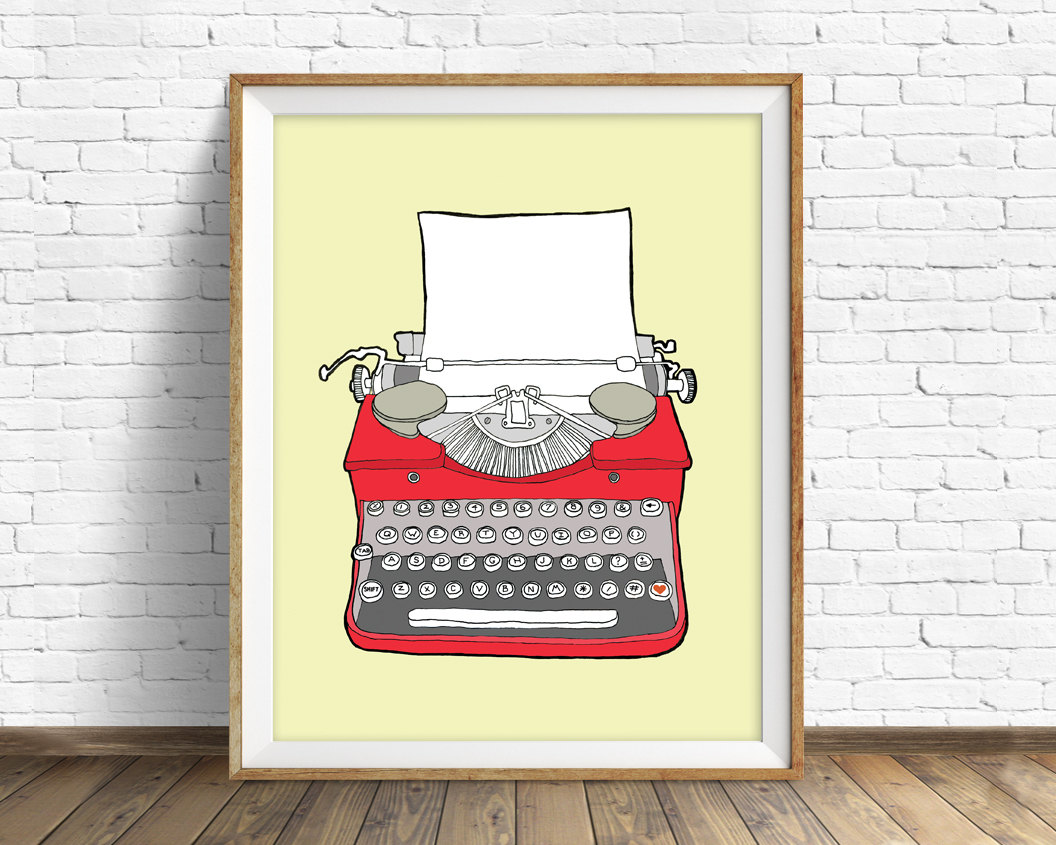 1056x845 drawing, vintage typewriter, large wall art, modern home decor, mid - Vintage Typewriter Drawing