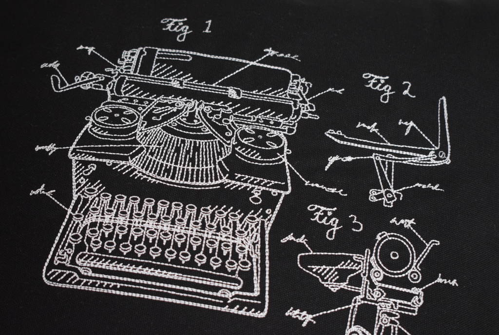 1024x687 schematic blueprint drawing vintage typewriter cushion - Vintage Typewriter Drawing