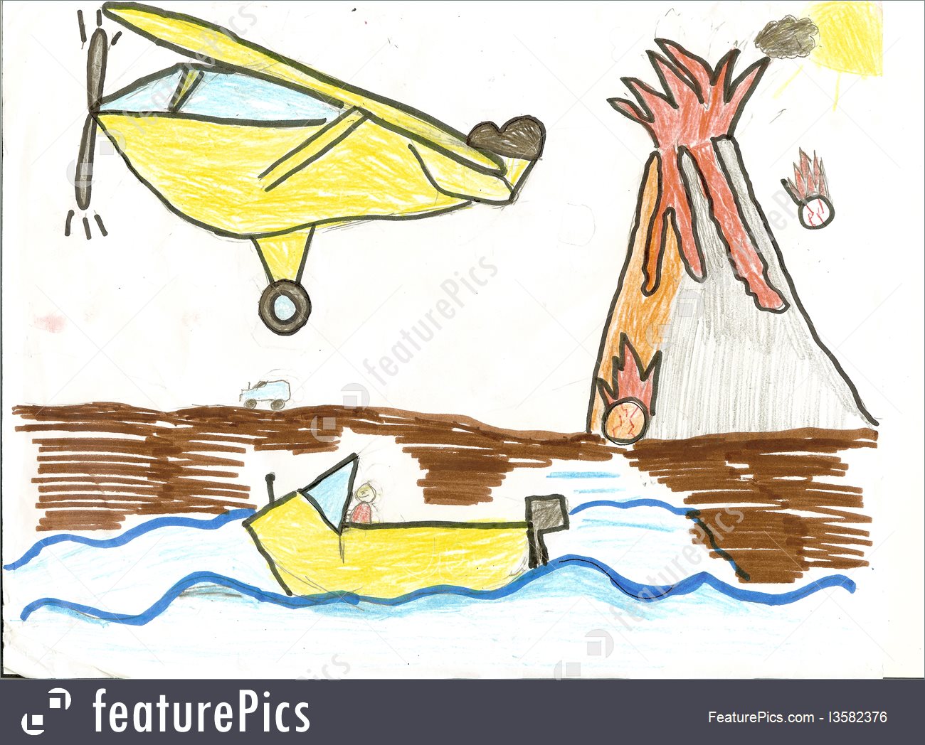1300x1048 child's drawing of a volcano with plane, boat and car photo - Volcano Drawing Pictures
