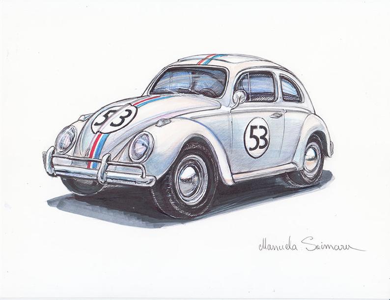 794x611 volkswagen beetle drawing herbie fully loaded art print etsy - Volkswagen Drawing