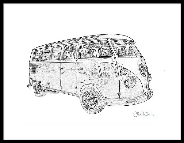 600x467 volkswagen bus black and white pencil drawing framed print - Volkswagen Van Drawing