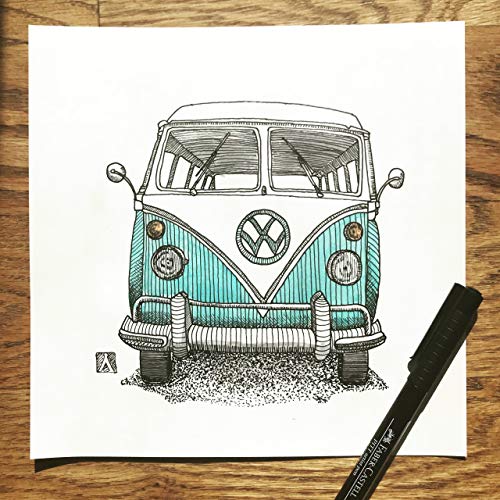 500x500 Killerbeemoto Original Pen Drawing With Water Color - Volkswagen Van Drawing