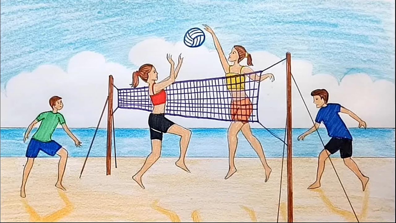 1280x720 How To Draw Scenery Of Girls And Boys Playing Volleyball - Volleyball Girl Drawing