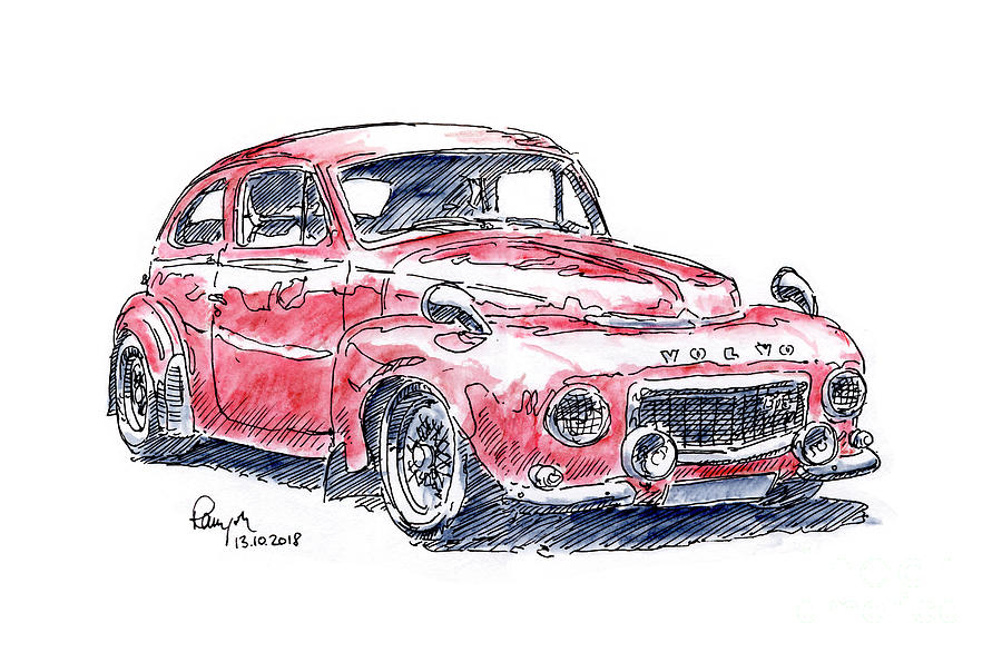 900x595 Volvo Pv Classic Car Ink Drawing And Watercolor Drawing - Volvo Drawing