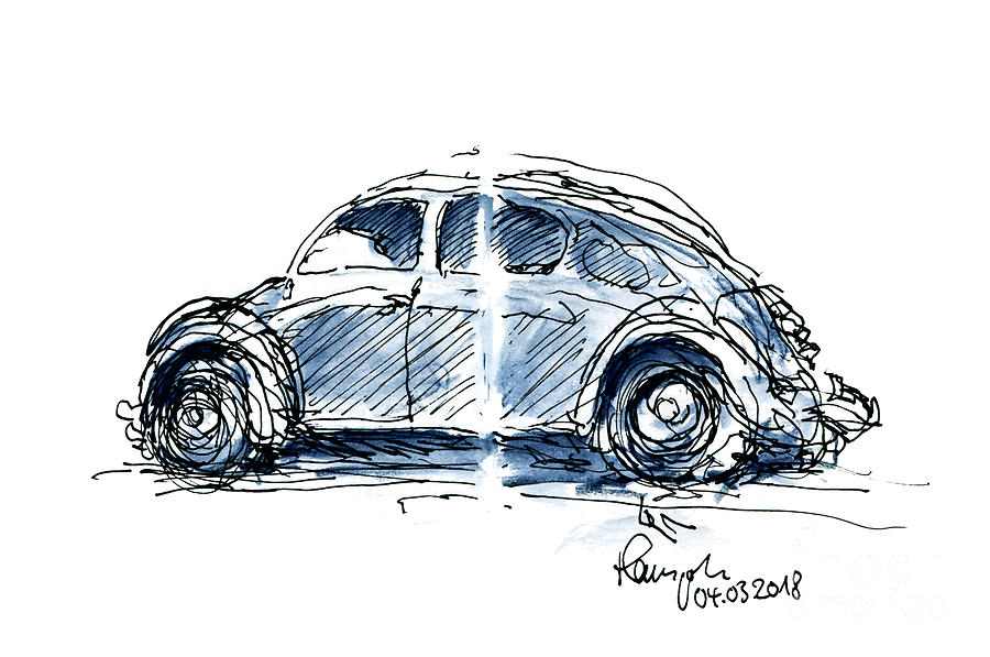 900x597 Vw Beetle Classic Car Ink Drawing And Watercolor Drawing - Vw Beetle Drawing