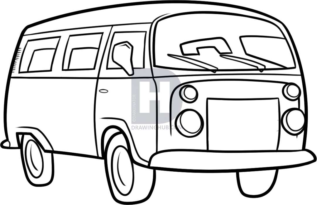 1080x701 How To Draw A Hippie Van, Step - Vw Bus Drawing
