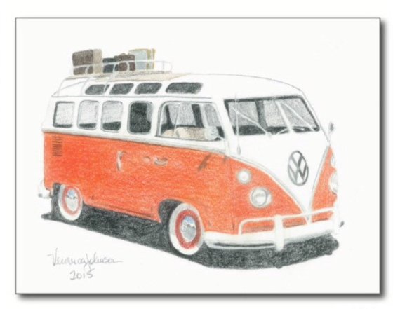 570x441 Vw Bus Note Card Or Print Etsy - Vw Bus Drawing