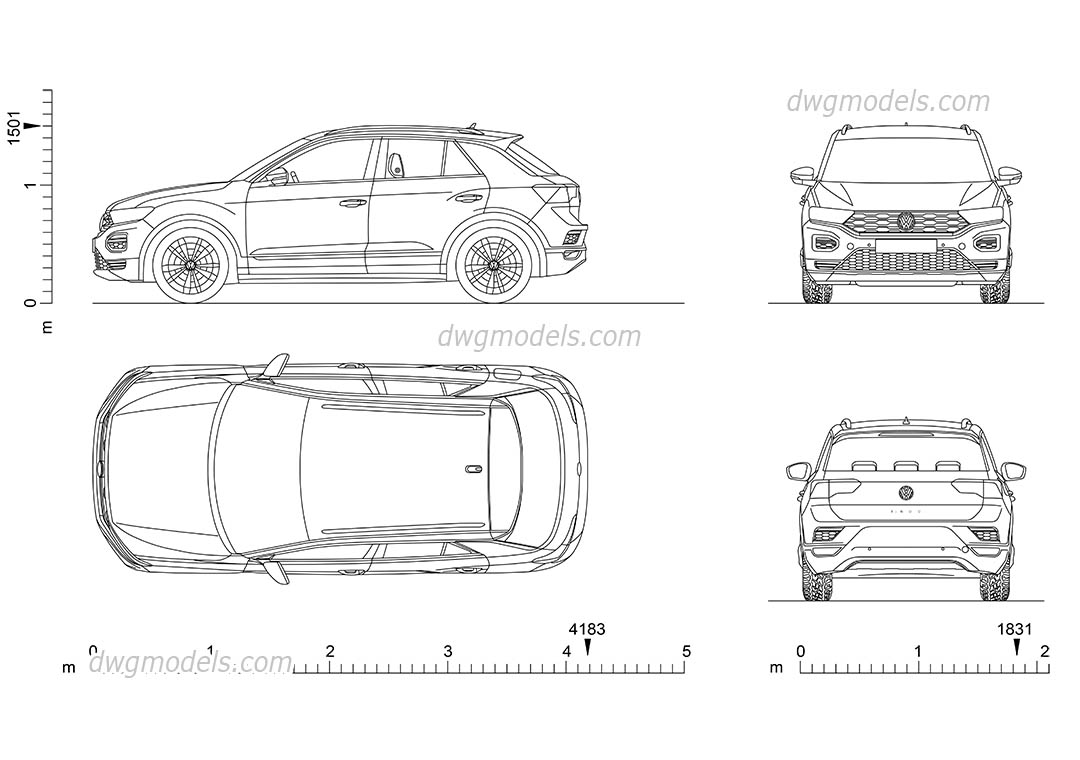 1080x760 Cad Blocks Of The Volkswagen T Roc Download, Autocad Drawings - Vw Drawing