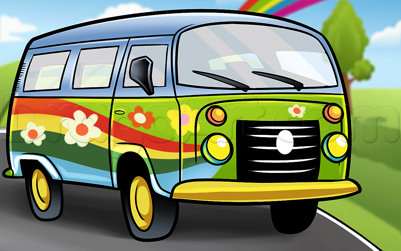 1276x800 How To Draw A Hippie Van, Step - Vw Van Drawing