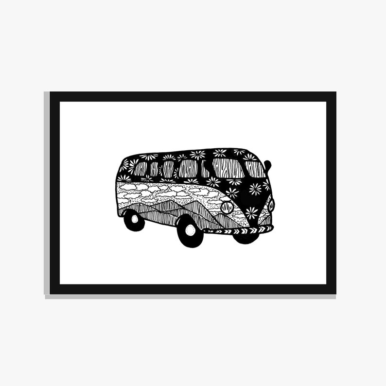 794x794 printable camper van van life print patterned illustration etsy - Vw Van Drawing