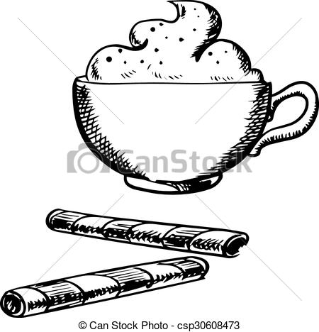 450x468 cup of coffee with cream and wafer rolls cup of cappuccino coffee - Wafer Drawing