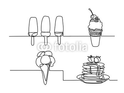 400x300 set continuous line drawing ice cream in a waffle cup with cherry - Waffle Drawing