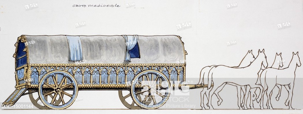 1050x397 medieval wagon, drawing, stock photo, picture and rights managed - Wagon Drawing