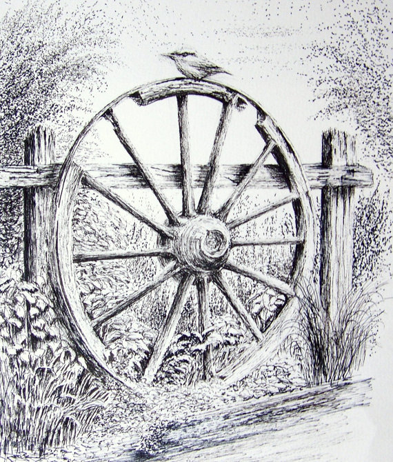 570x670 old wagon wheel graphite pencil drawing print from an original - Wagon Wheel Drawing
