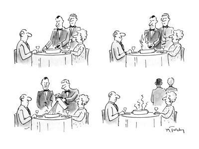 400x300 four panel drawing of a waiter lighting a flambe - Waiter Drawing