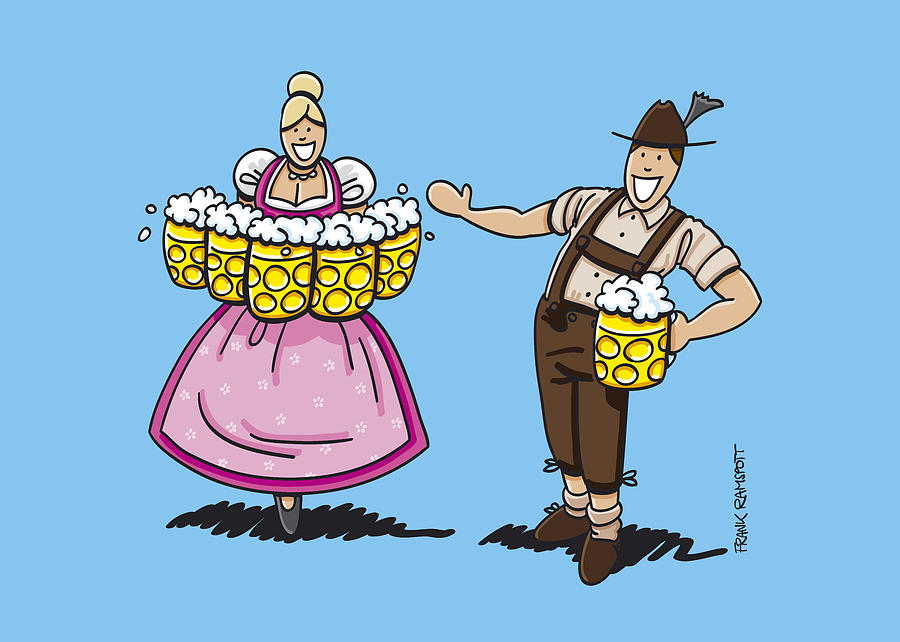900x642 Lederhosen Man Welcomes Oktoberfest Beer Waitress Drawing - Waitress Drawing