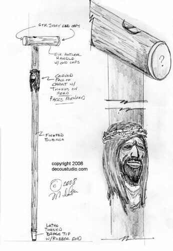 346x500 design sketch folk art walking cane with carved face of christ - Walking Cane Drawing