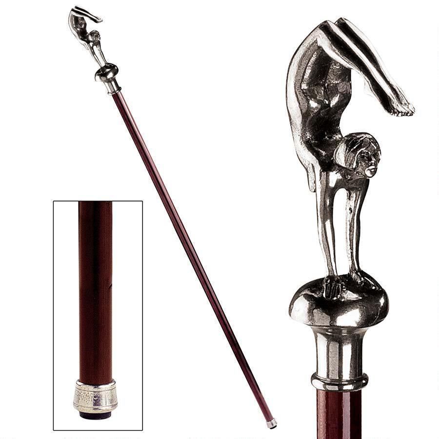 900x900 art deco solid pewter female acrobat handle polished hardwood cane - Walking Cane Drawing
