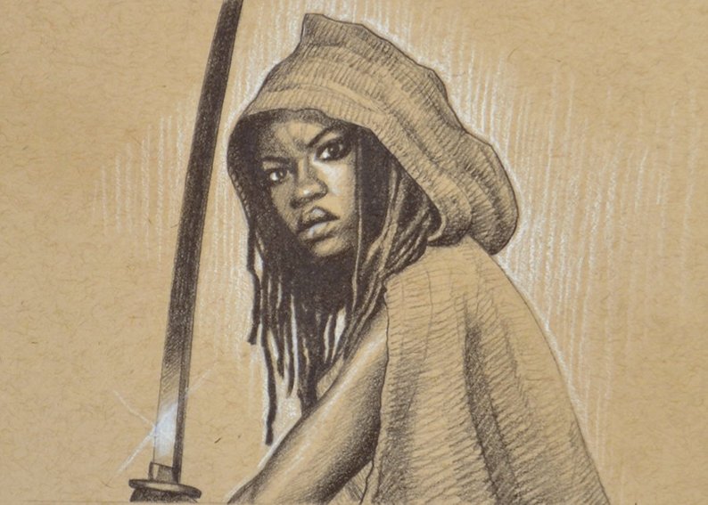 794x567 Original Drawing Michonne Wielding Sword Walking Dead Zombies Etsy - Walking Dead Zombie Drawing