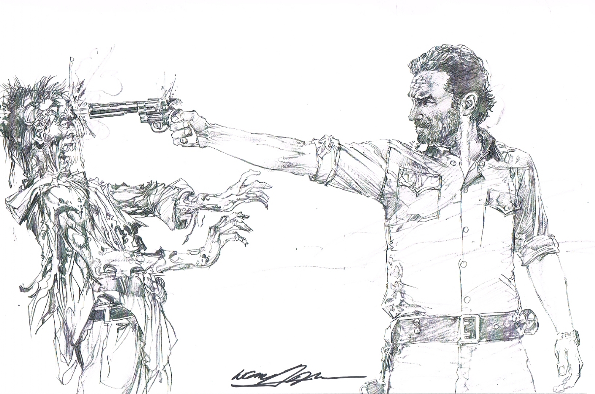 1209x800 Walking Dead Sheriff Rick Grimes Shoots Zombie Print Signed Neal - Walking Dead Zombie Drawing