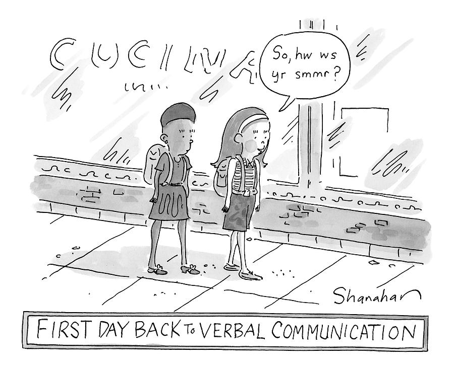 900x735 Two Girls With Backpacks Are Walking Drawing - Walking Drawing