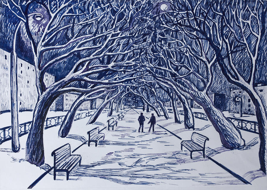 900x641 Winter Night On The Walkway In The Park Drawing - Walkway Drawing