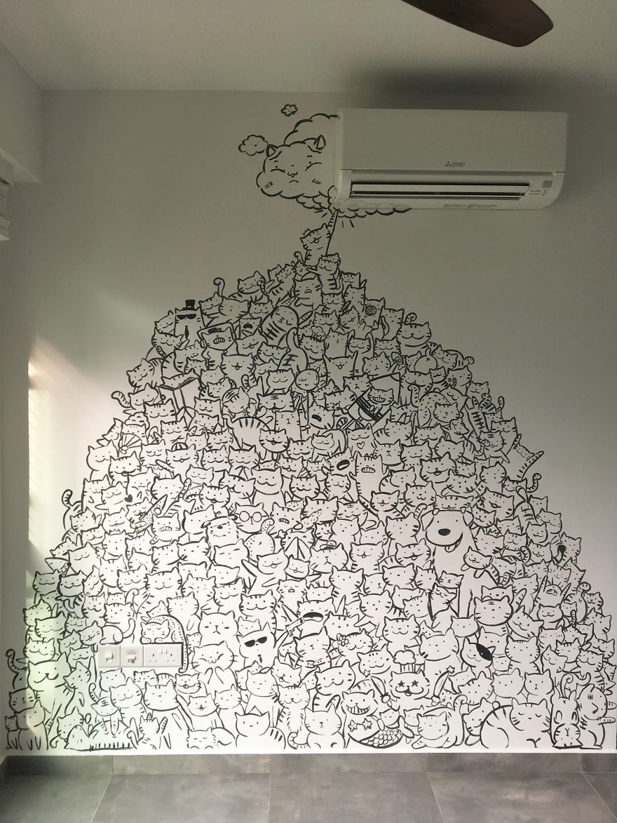 880x1173 I Painted A Mountain Of Cats On A Blank Wall To Bring It To Life - Wall Drawing